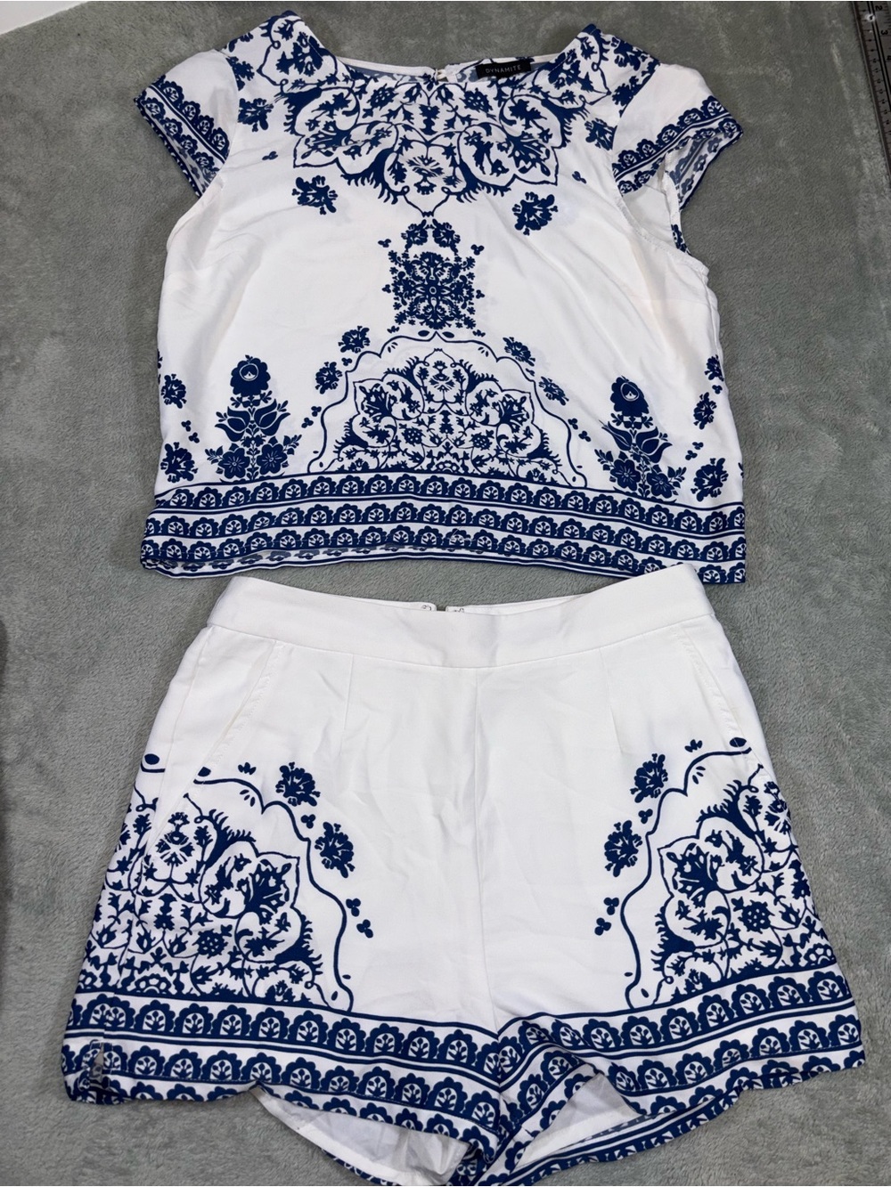 Dynamite Blue & White Porcelain Floral Two-Piece Crop Top & High-Waist Shorts Se